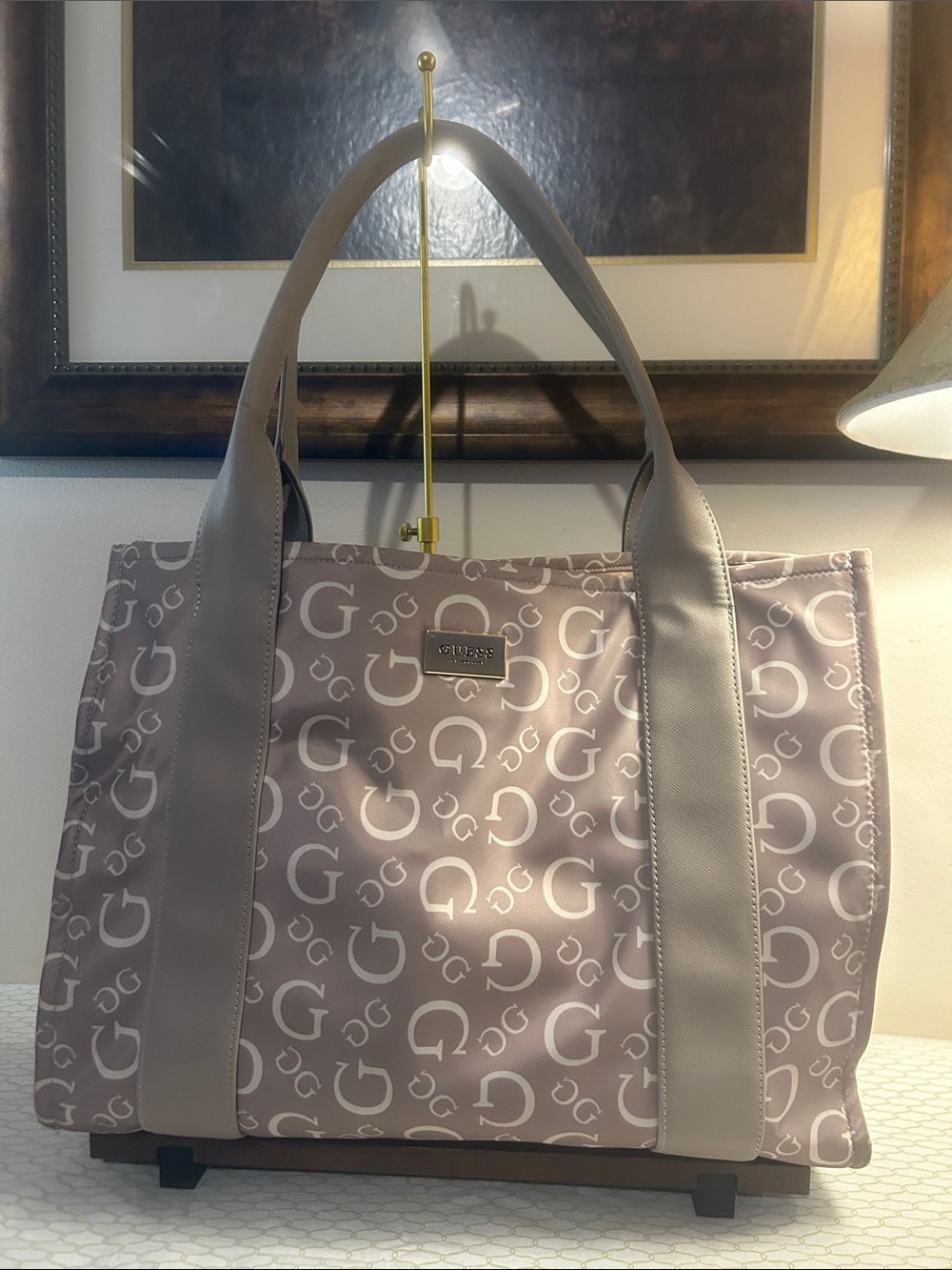 Guess Taupe Logo-Print Tote in Neutral Taupe and Cream